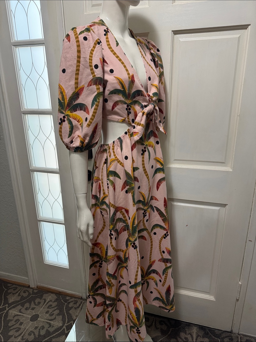 Farm Rio Cotton Pink Tropical Tie-Front Midi Dress Size Medium - Picture 10 of 16